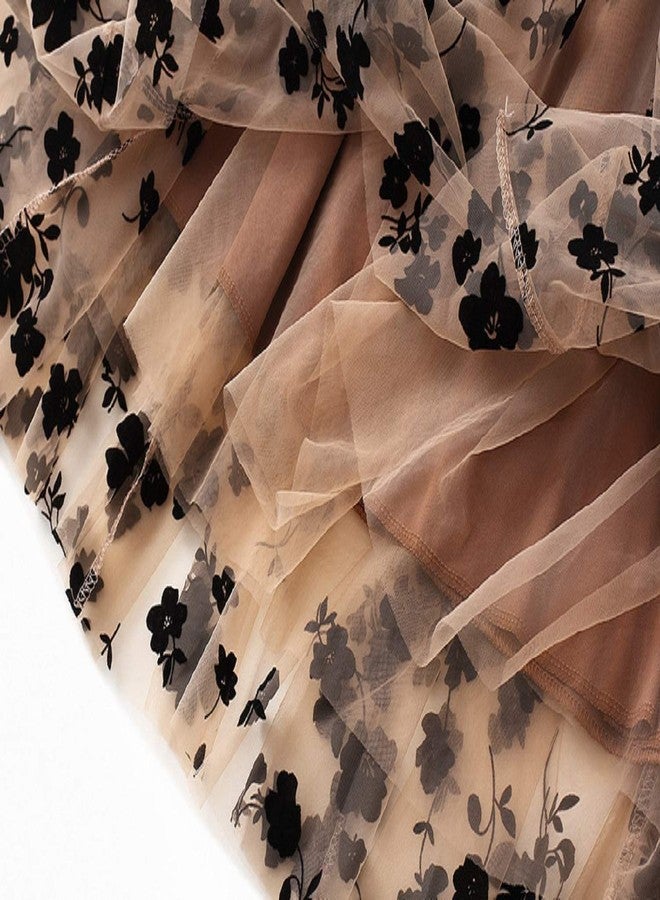 CHARTOU Women's Elastic High Waist Tulle Ruffle Pleated A-Line Swing Midi Skirt (Small, Khaki) - Image 4
